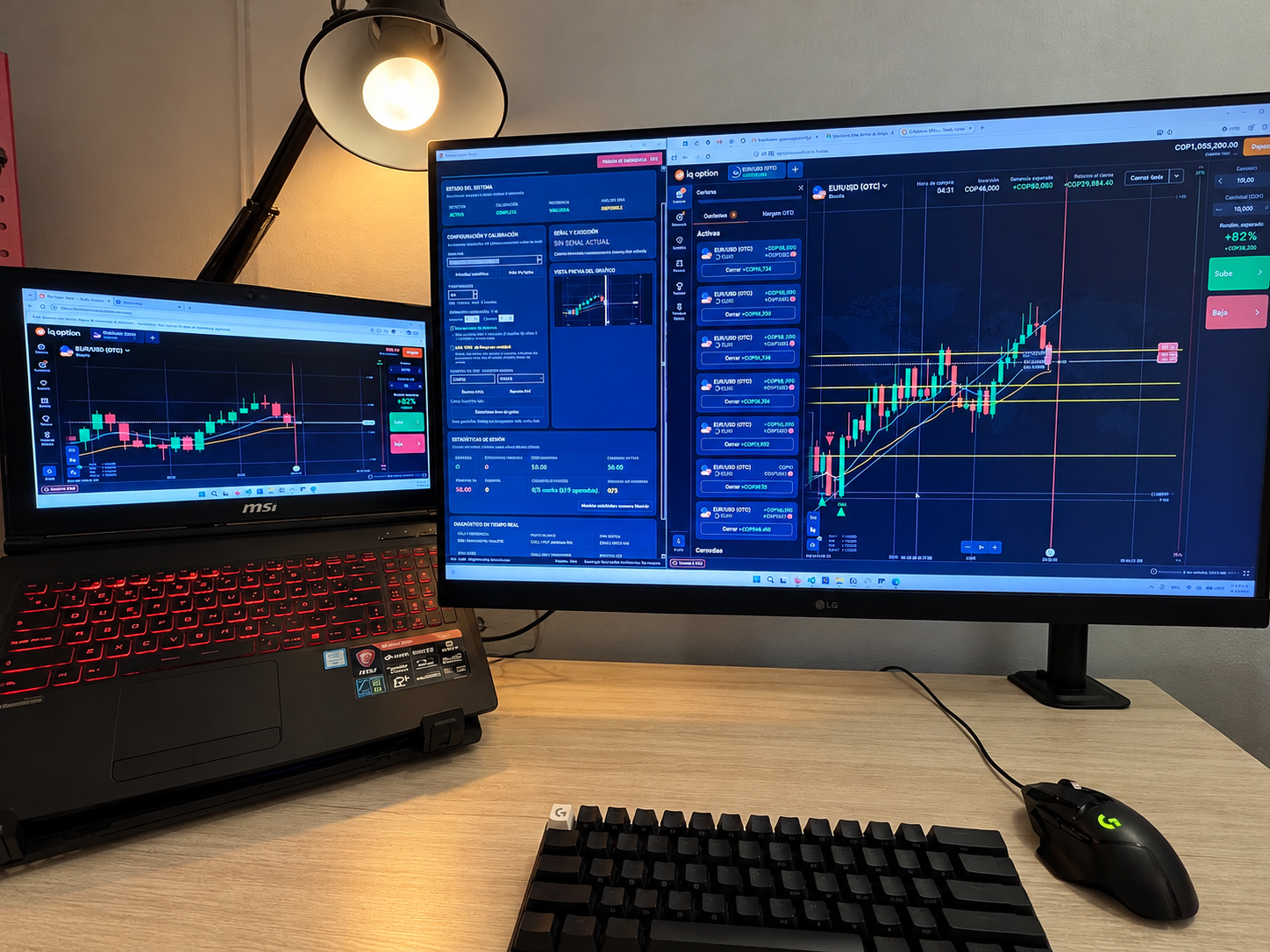 Escritorio de trading con Duck-Duck abierto en el monitor y un gráfico de velas en las pantallas